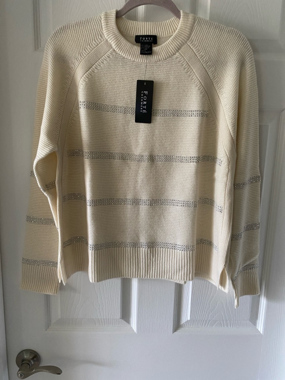Forte Ivory Crewneck Sweater with Shimmer Stripe Detail
